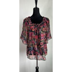 Women's Red Paisley Metallic Silk Sheer Tie Front Ruffle Peasant Top Size M